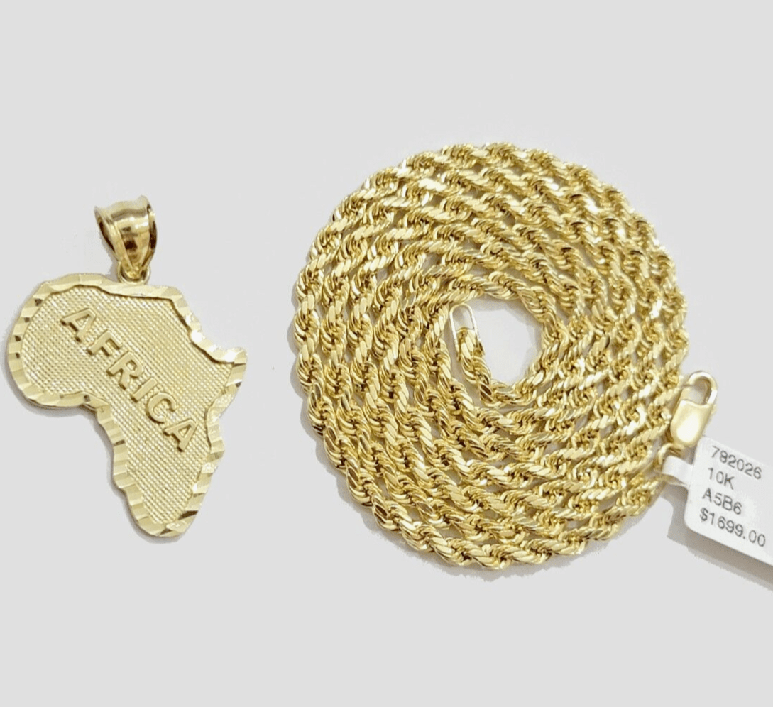 10k Yellow Gold Africa Map Charm Rope Chain 24 Inch Necklace Pendant SET SALE - GoldenlinQ